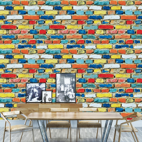Sala de papel de parede de tijolos coloridos realistas